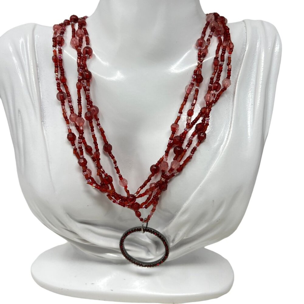 NY Necklace Multi Strand Red Pink Beads with Red Round Rhinestone Pendant‎